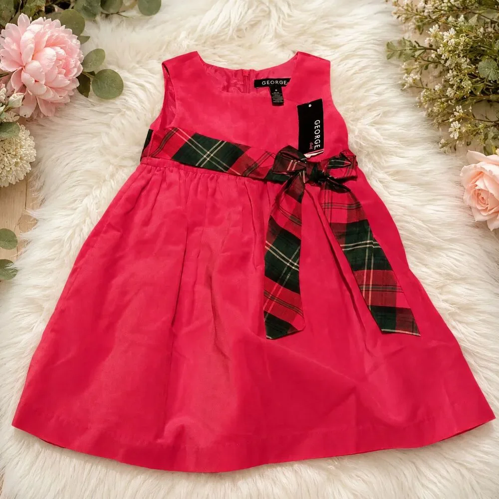 George Girls Size 4 Classic Red Holiday Dress Plaid Sash Bow Christmas NWT